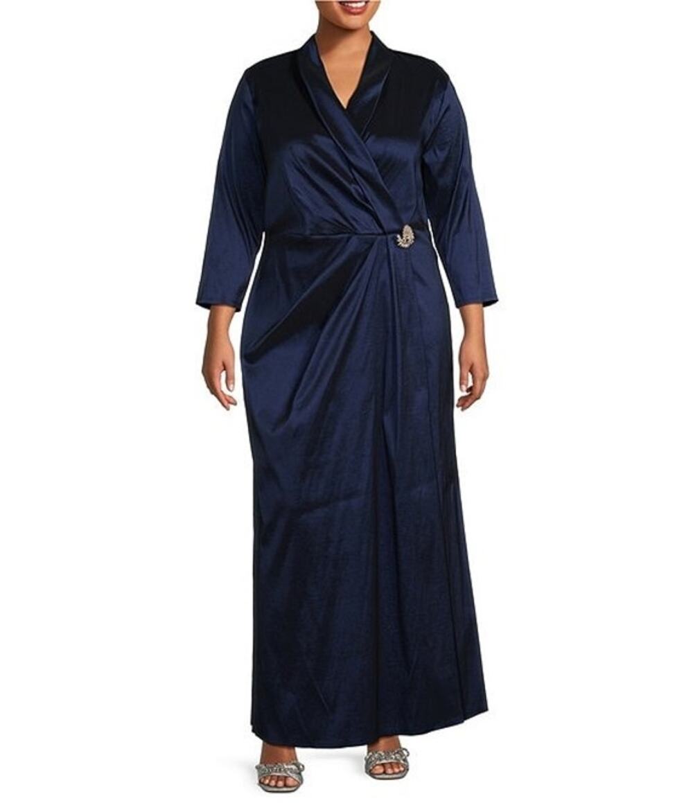 Marina Plus Size Navy Taffeta Surplice V-Neck 3/4 Sleeve Faux Wrap Dress 2X